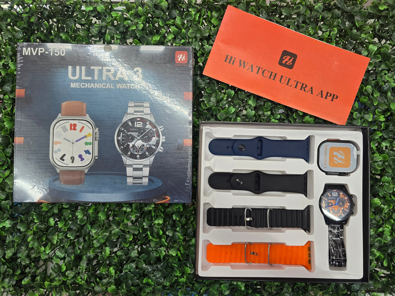 Combo Smart watch Ultra 3 con 4 correas + reloj redondo mecánico